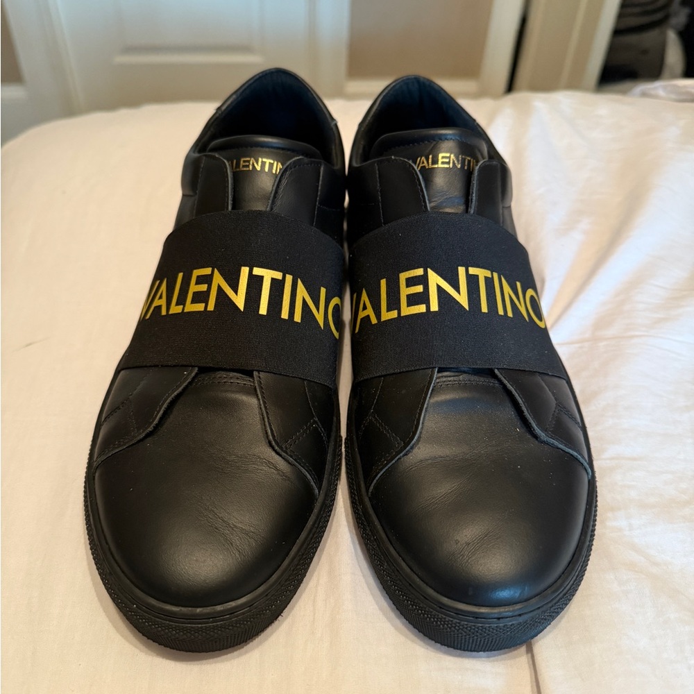 Valentino Black Leather Sneakers with Gold highlights